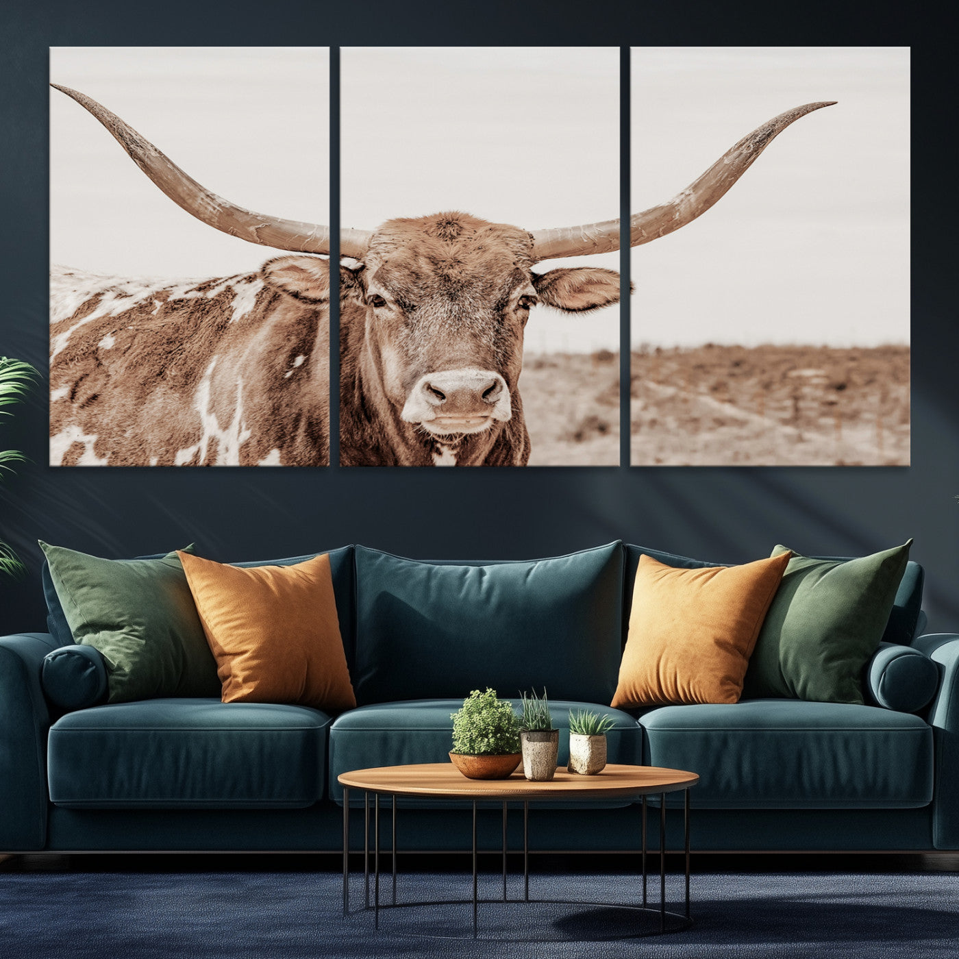 39964150-MGV-CV-36X24-Longhorn Cow Wall Art Canvas Print – Framed Texas Ranch Scene with Western Bull Artwork for Home, Office, Living Room