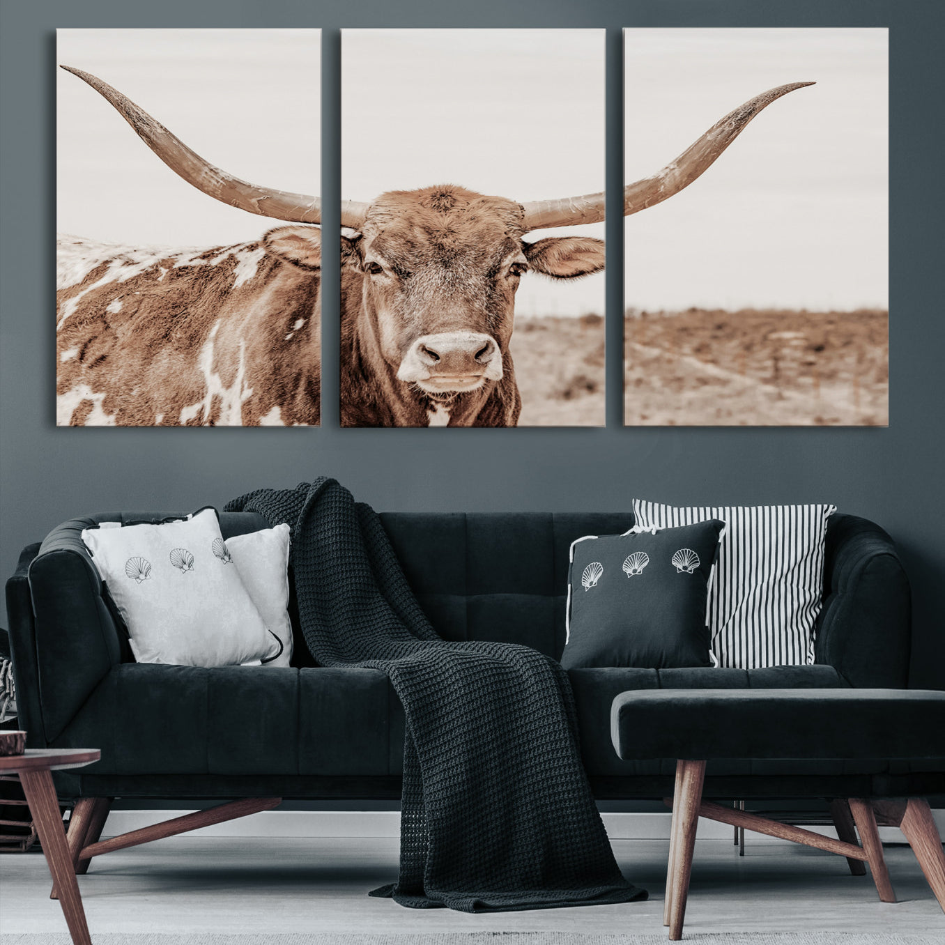 39964150-MGV-CV-36X24-Longhorn Cow Wall Art Canvas Print – Framed Texas Ranch Scene with Western Bull Artwork for Home, Office, Living Room