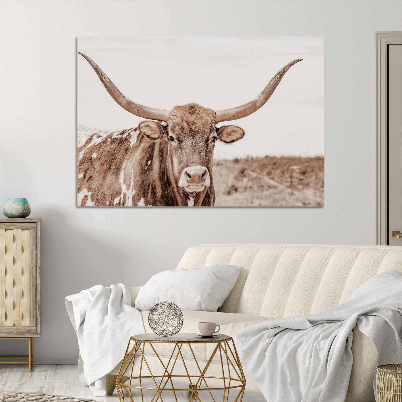 39964150-MGV-CV-36X24-Longhorn Cow Wall Art Canvas Print – Framed Texas Ranch Scene with Western Bull Artwork for Home, Office, Living Room