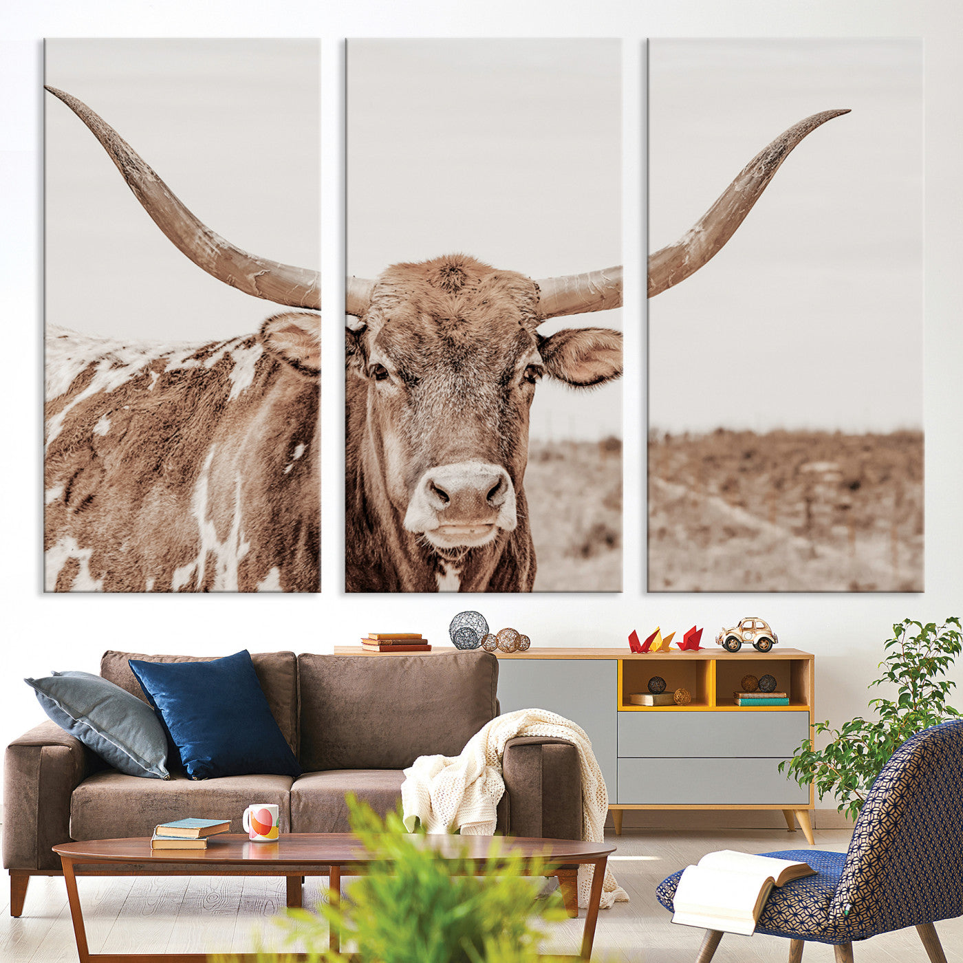 39964150-MGV-CV-36X24-Longhorn Cow Wall Art Canvas Print – Framed Texas Ranch Scene with Western Bull Artwork for Home, Office, Living Room