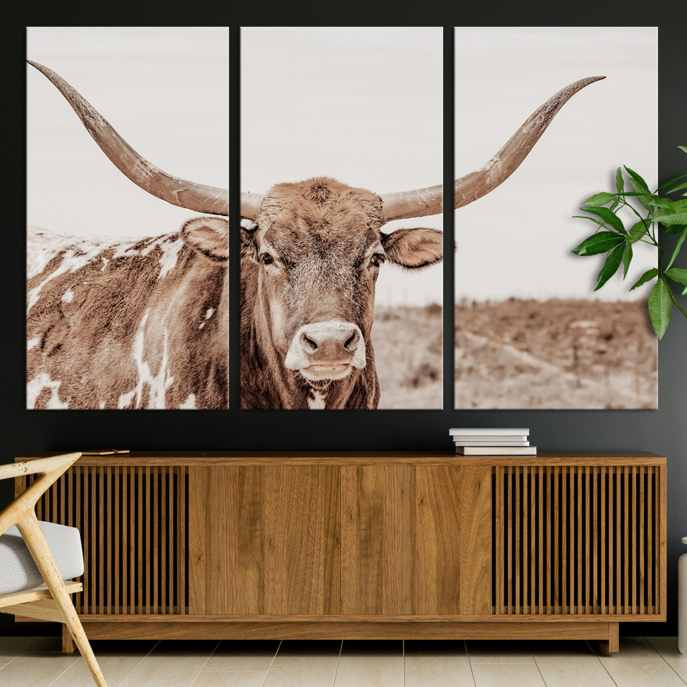 39964150-MGV-CV-36X24-Longhorn Cow Wall Art Canvas Print – Framed Texas Ranch Scene with Western Bull Artwork for Home, Office, Living Room