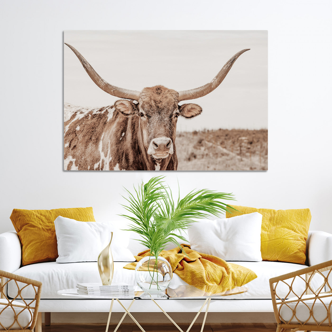 39964150-MGV-CV-36X24-Longhorn Cow Wall Art Canvas Print – Framed Texas Ranch Scene with Western Bull Artwork for Home, Office, Living Room