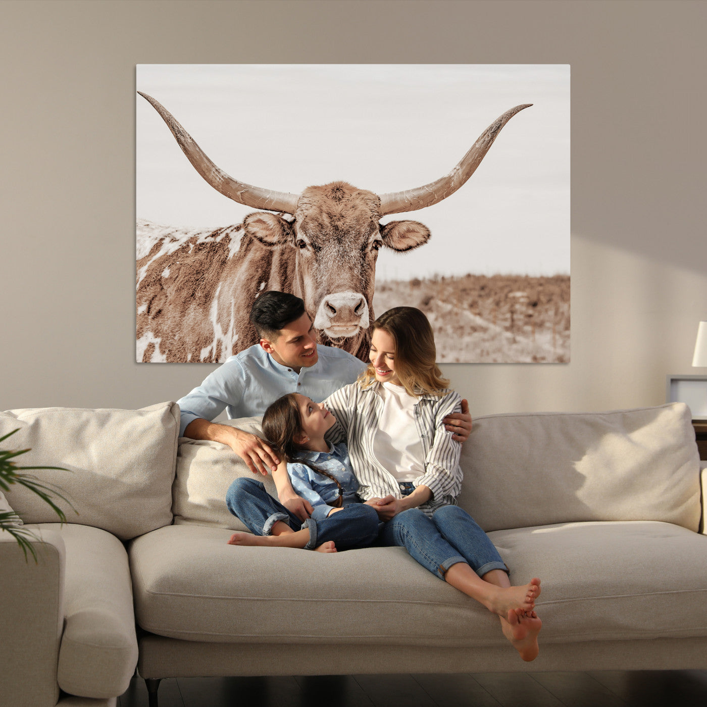 39964150-MGV-CV-36X24-Longhorn Cow Wall Art Canvas Print – Framed Texas Ranch Scene with Western Bull Artwork for Home, Office, Living Room