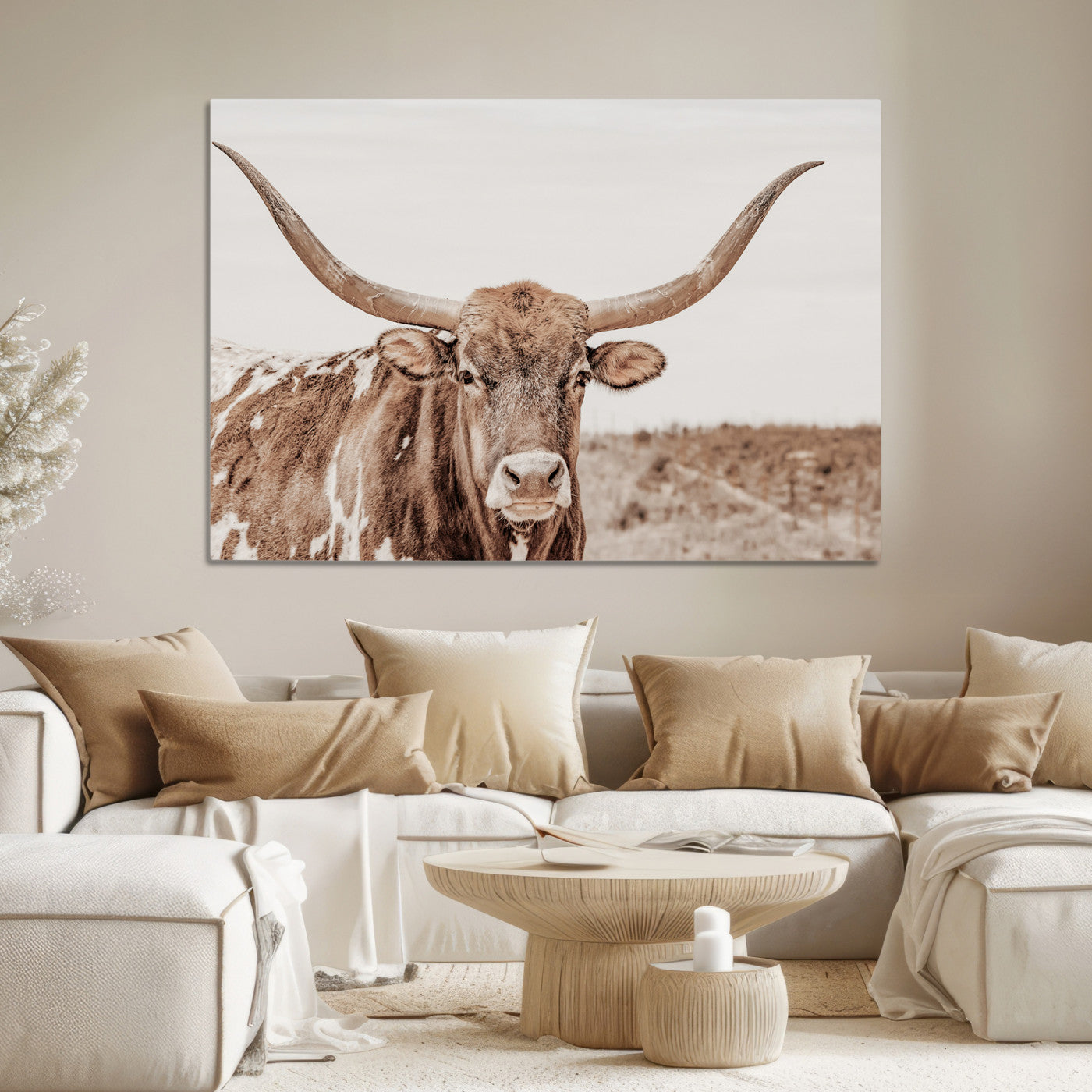 39964150-MGV-CV-36X24-Longhorn Cow Wall Art Canvas Print – Framed Texas Ranch Scene with Western Bull Artwork for Home, Office, Living Room