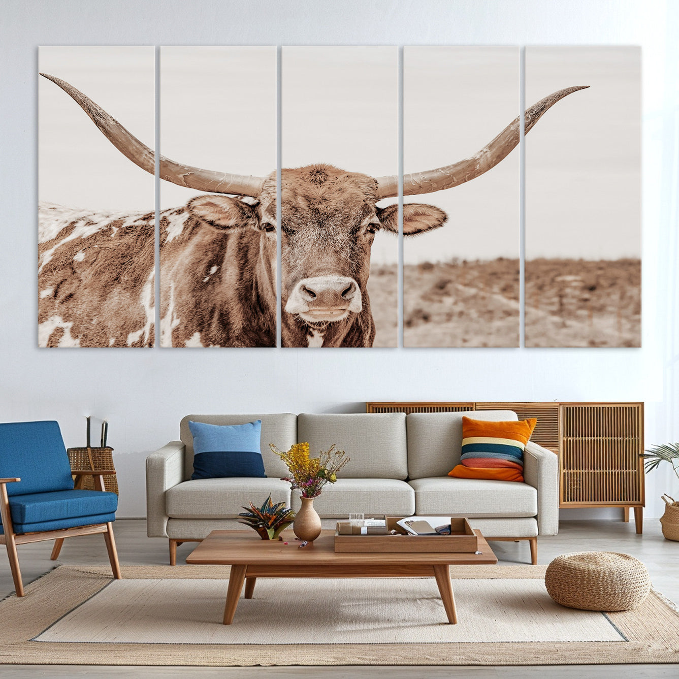 -Longhorn Cow Wall Art Canvas Print, Texas Ranch Print, Framed Western Bull Art Print, Large BigHorn