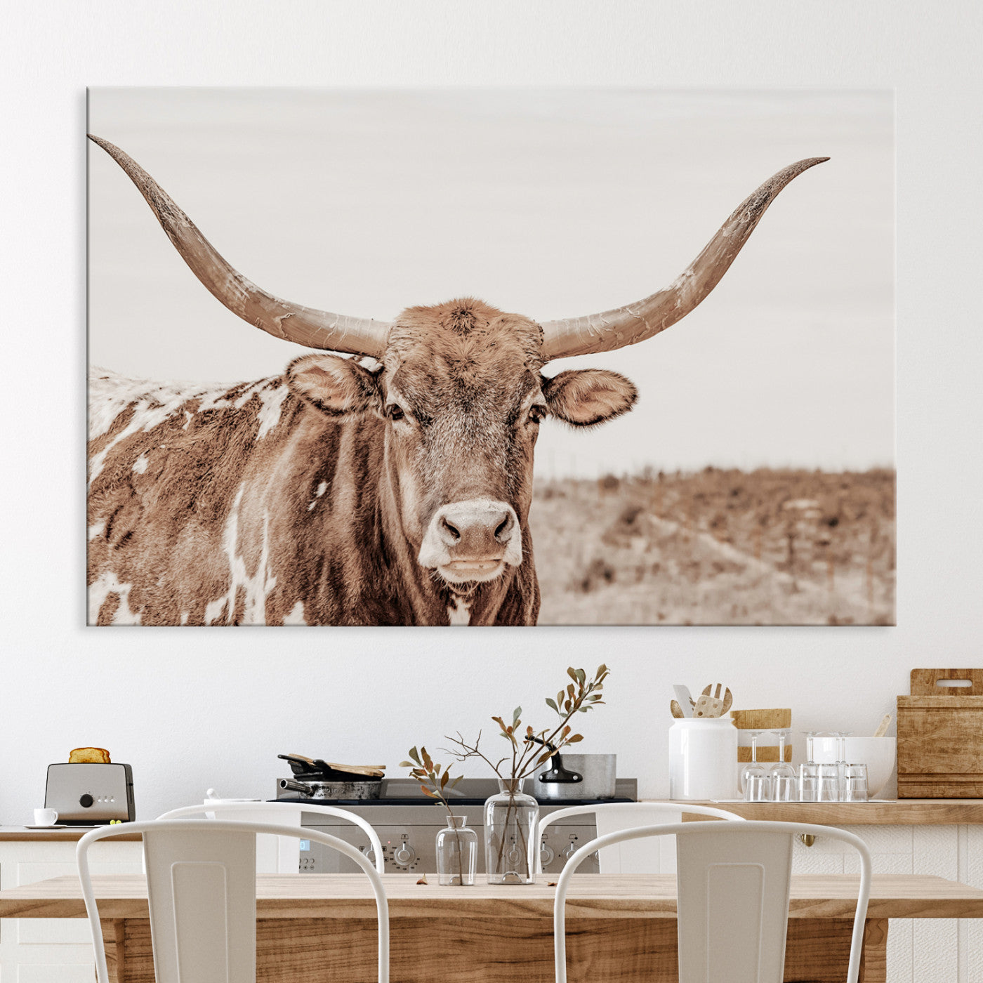 39964150-MGV-CV-36X24-Longhorn Cow Wall Art Canvas Print – Framed Texas Ranch Scene with Western Bull Artwork for Home, Office, Living Room