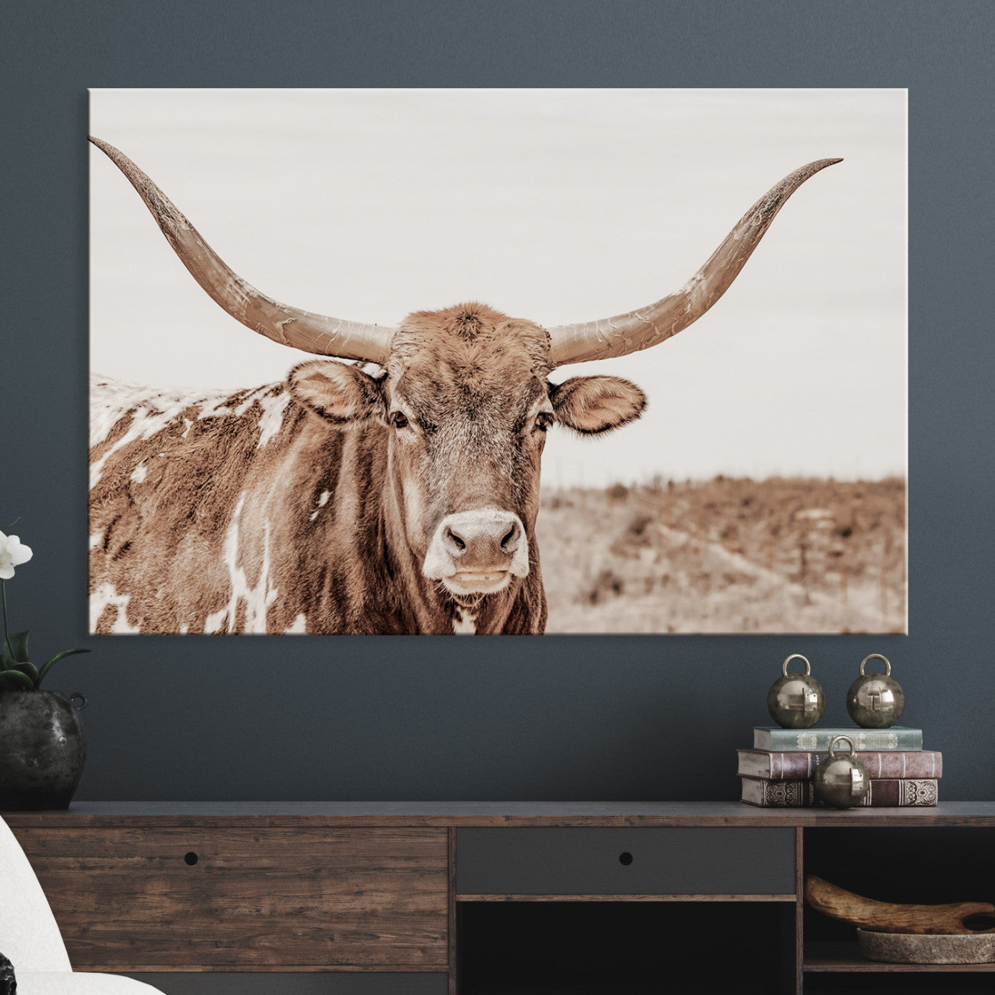 39964150-MGV-CV-36X24-Longhorn Cow Wall Art Canvas Print – Framed Texas Ranch Scene with Western Bull Artwork for Home, Office, Living Room