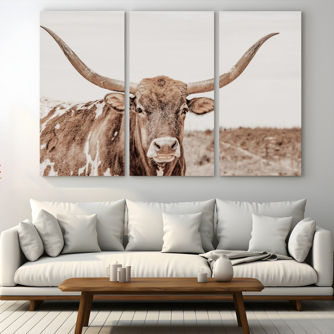 39964150-MGV-CV-48X32-3P-Longhorn Cow Wall Art Canvas Print – Framed Texas Ranch Scene with Western Bull Artwork for Home, Office, Living Room