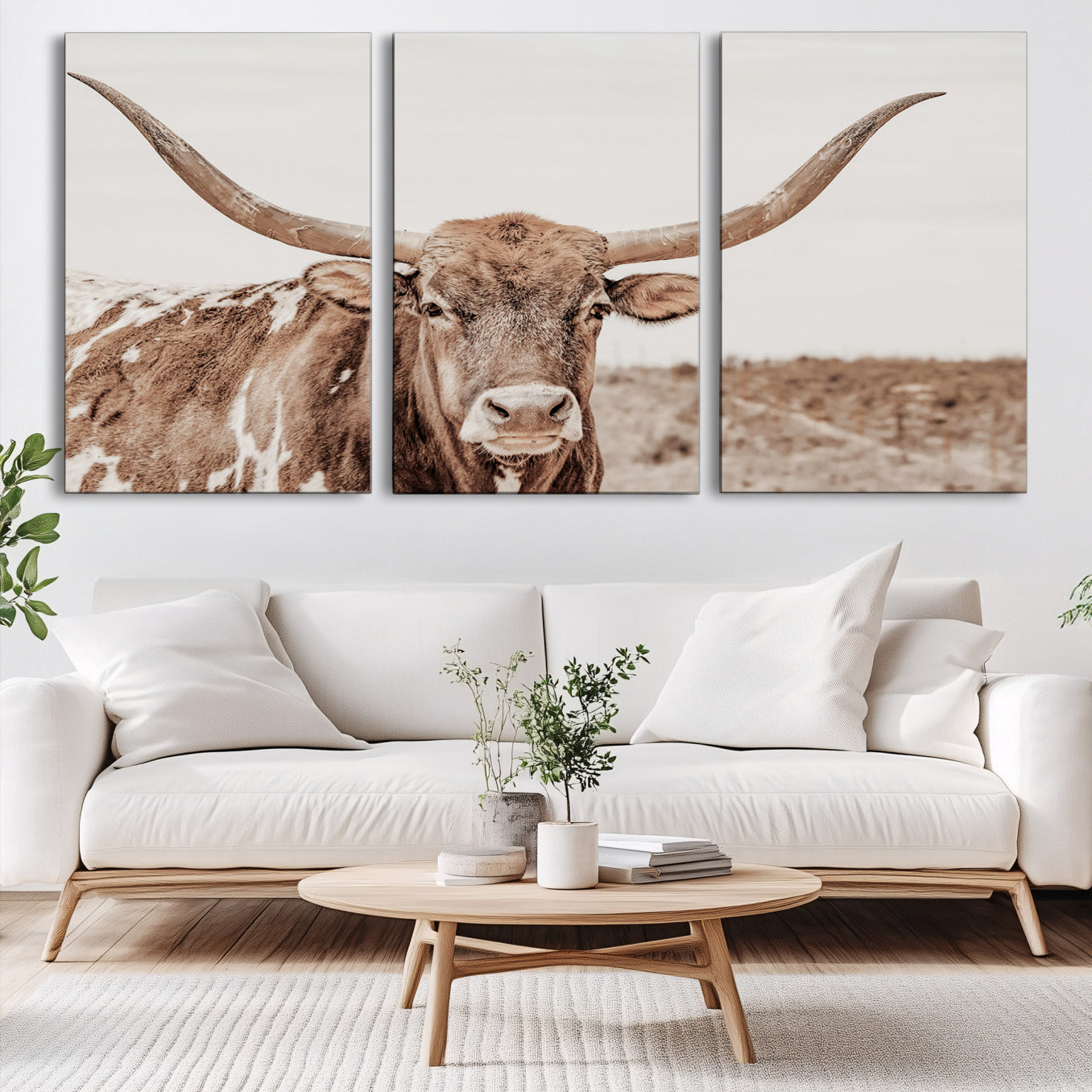 39964150-MGV-CV-60X30-3P-Longhorn Cow Wall Art Canvas Print – Framed Texas Ranch Scene with Western Bull Artwork for Home, Office, Living Room