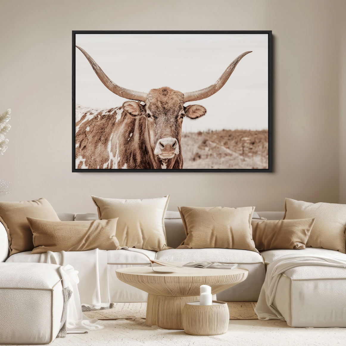 39964150-MGV-FC-36X24_Black-Longhorn Cow Wall Art Canvas Print – Framed Texas Ranch Scene with Western Bull Artwork for Home, Office, Living Room