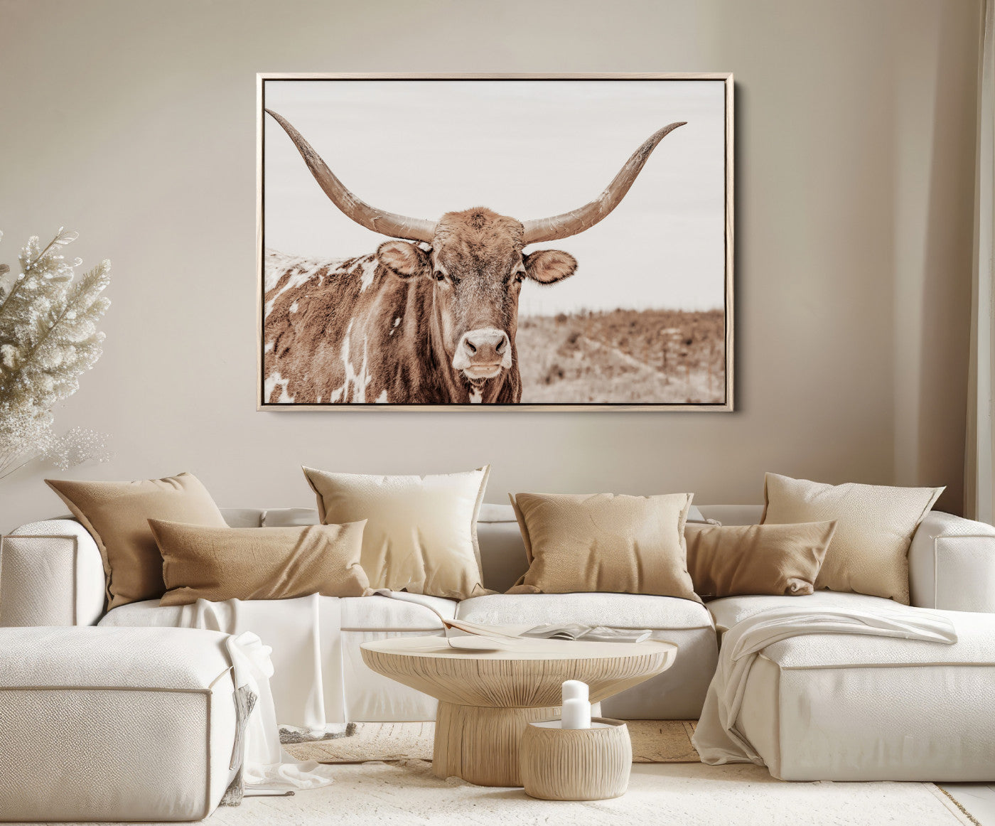 39964150-MGV-FC-36X24_Natural-Longhorn Cow Wall Art Canvas Print – Framed Texas Ranch Scene with Western Bull Artwork for Home, Office, Living Room