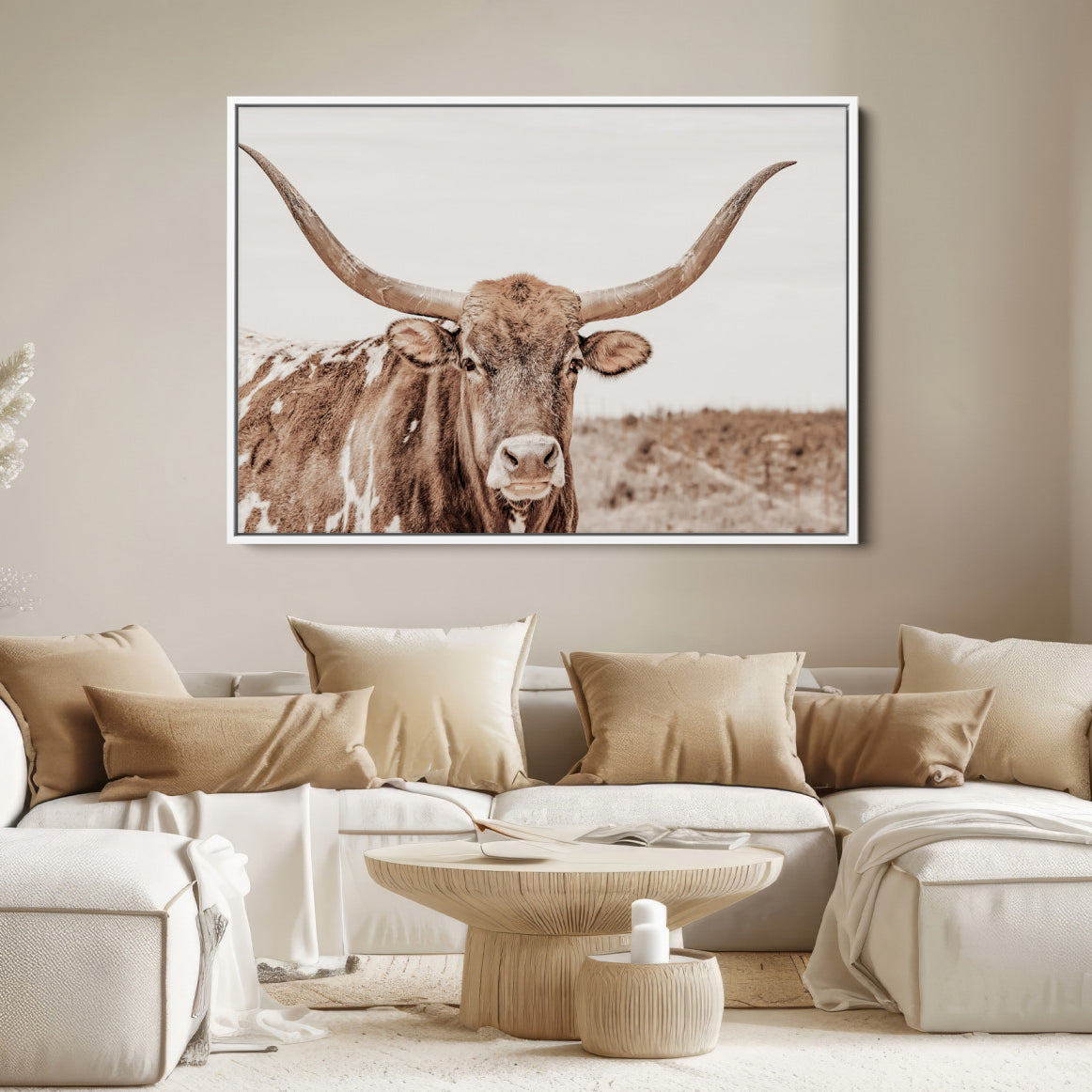 39964150-MGV-FC-36X24_White-Longhorn Cow Wall Art Canvas Print – Framed Texas Ranch Scene with Western Bull Artwork for Home, Office, Living Room