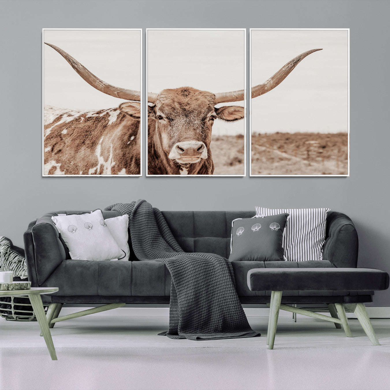 39964150-MGV-FC-60X30-3P_White-Longhorn Cow Wall Art Canvas Print, Texas Ranch Print, Framed Western Bull Art Print, Large BigHorn