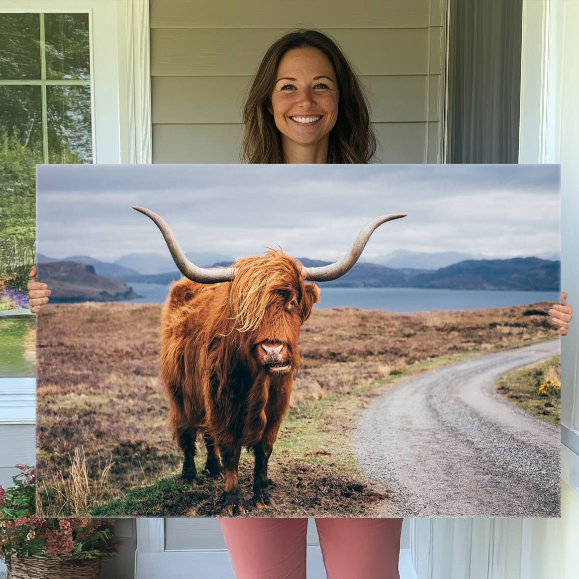 36315-MGV-CV-36X24-Longhorn Highland Cow Canvas Wall Art Print Animal Photograph Art Canvas