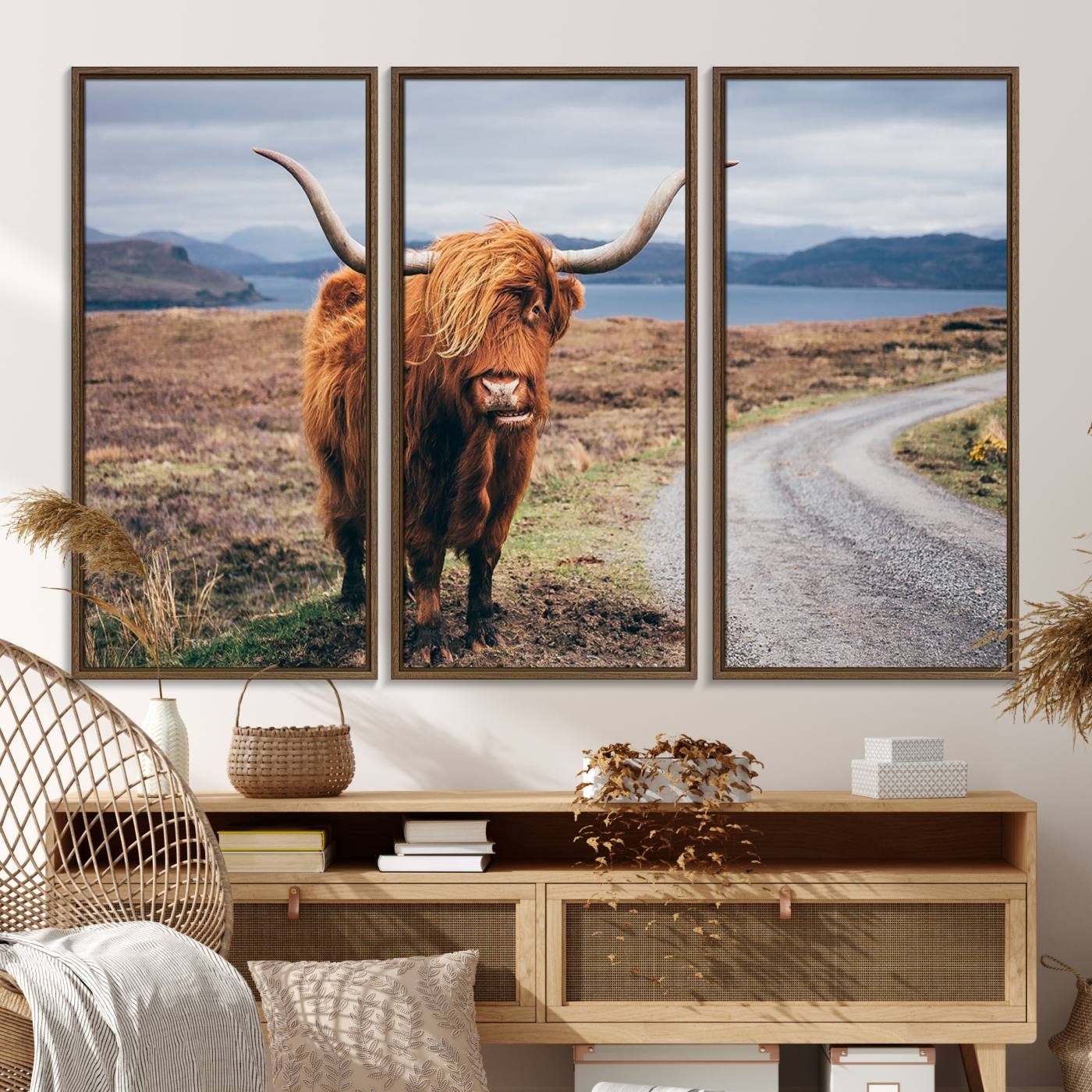 36315-MGV-FC-48X32-3P_Walnut-Longhorn Highland Cow Canvas Wall Art Print Animal Photograph Art Canvas