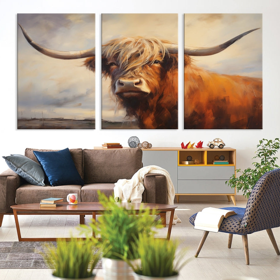 Edit-Images-Longhorn Highland Cow Canvas Wall Art Print – Rustic Farmhouse Decor in Bold Artistic Style – Ready