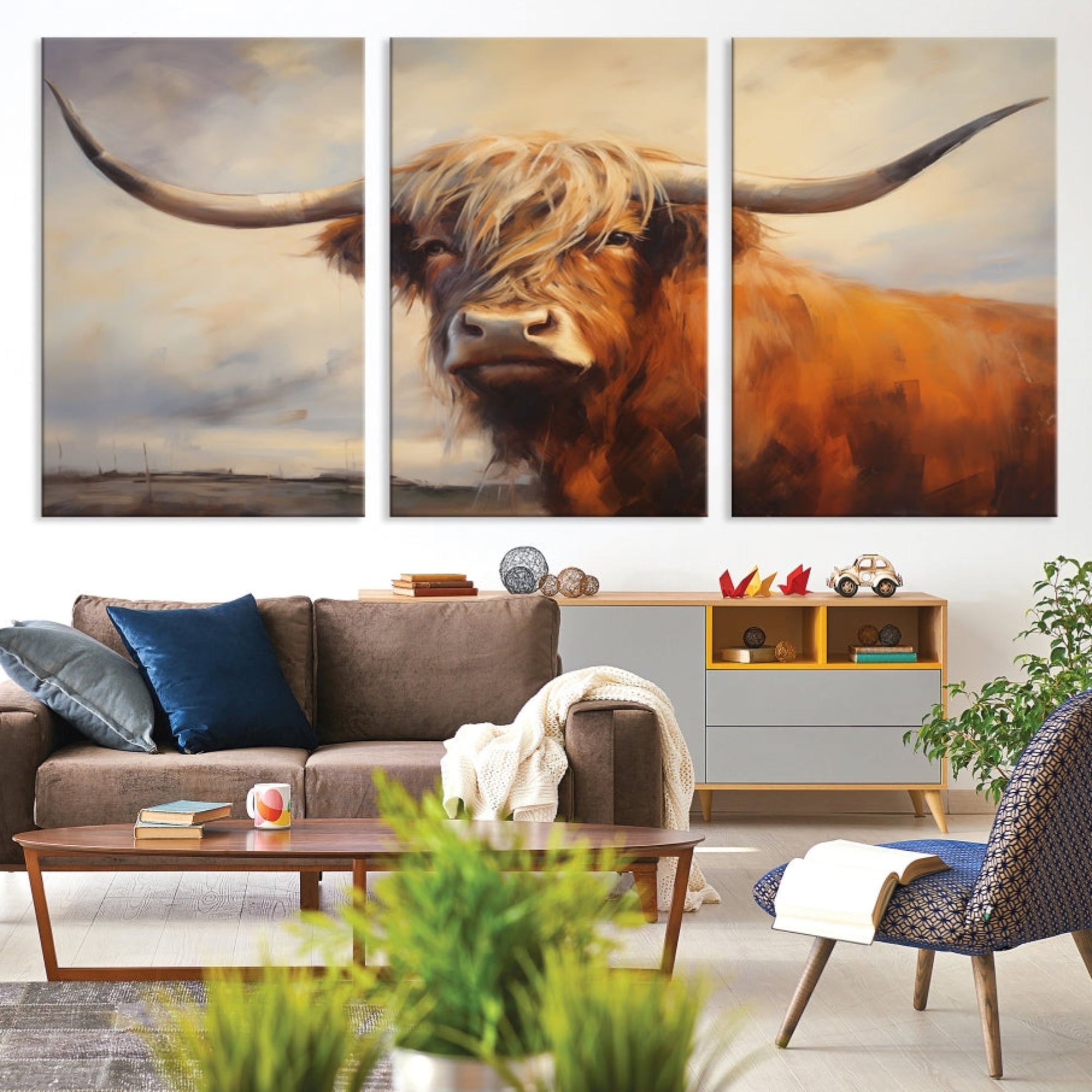 Edit-Images-Longhorn Highland Cow Canvas Wall Art Print – Rustic Farmhouse Decor in Bold Artistic Style – Ready