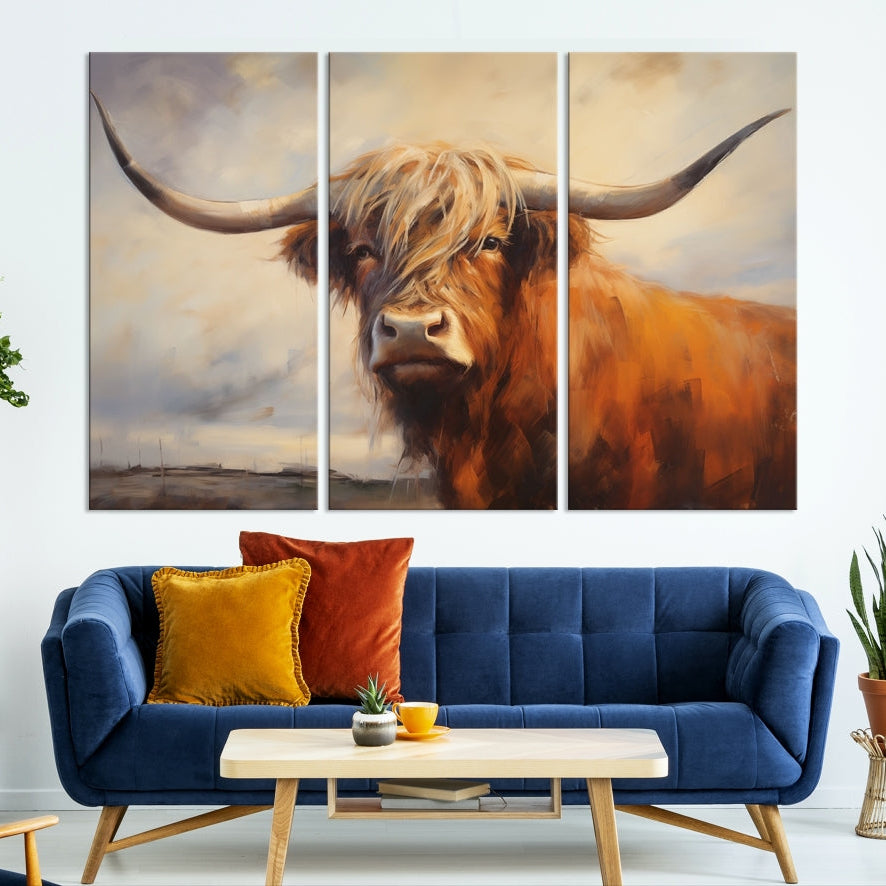 Edit-Images-Longhorn Highland Cow Canvas Wall Art Print – Rustic Farmhouse Decor in Bold Artistic Style – Ready