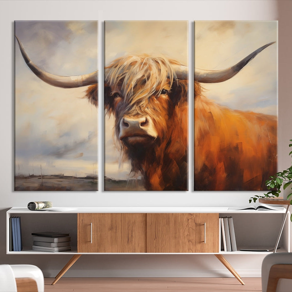 -Longhorn Highland Cow Canvas Wall Art Print – Rustic Farmhouse Decor in Bold Artistic Style – Ready