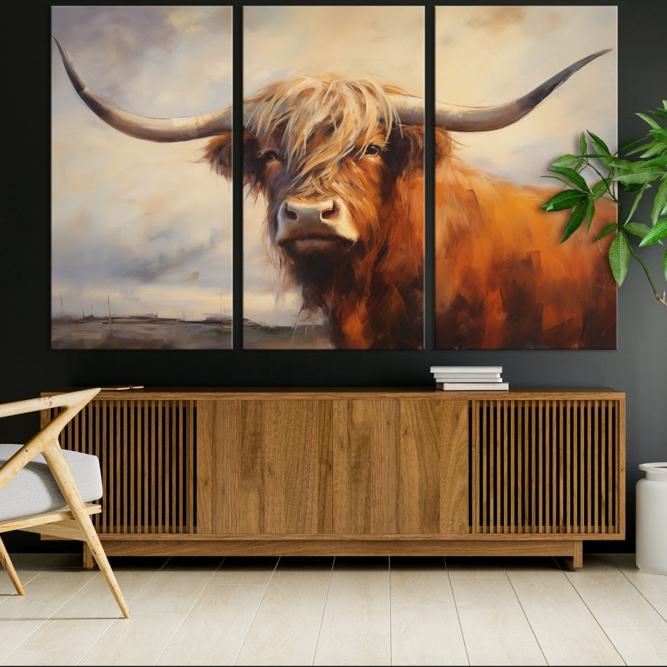 Edit-Images-Longhorn Highland Cow Canvas Wall Art Print – Rustic Farmhouse Decor in Bold Artistic Style – Ready