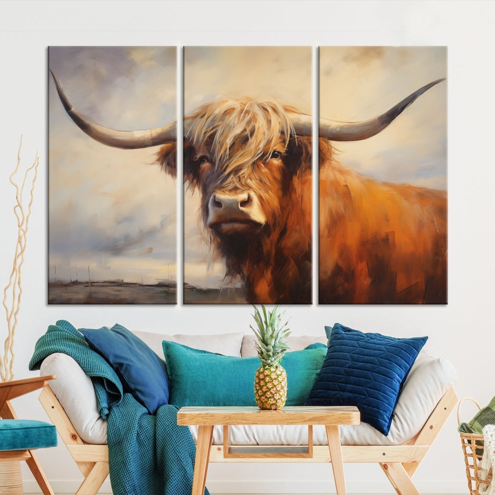 Edit-Images-Longhorn Highland Cow Canvas Wall Art Print – Rustic Farmhouse Decor in Bold Artistic Style – Ready