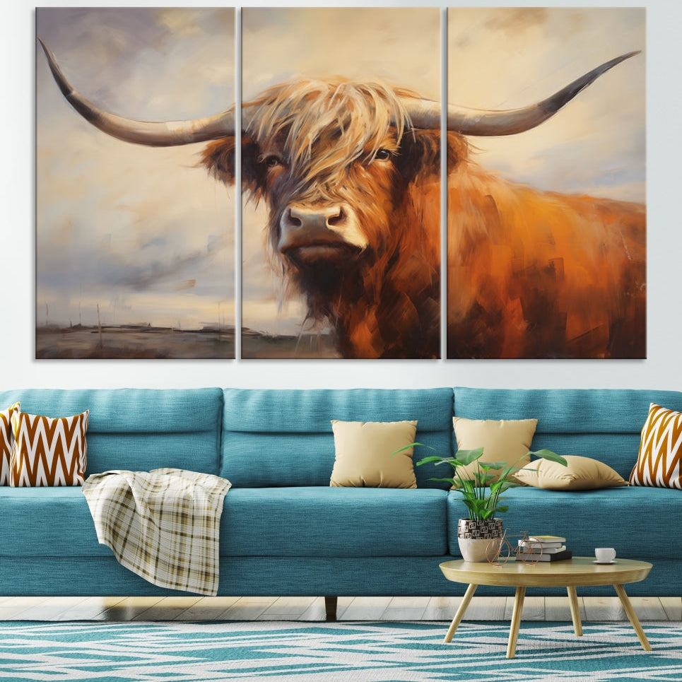 Edit-Images-Longhorn Highland Cow Canvas Wall Art Print – Rustic Farmhouse Decor in Bold Artistic Style – Ready
