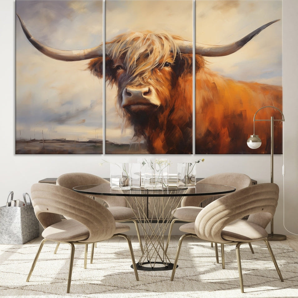Edit-Images-Longhorn Highland Cow Canvas Wall Art Print – Rustic Farmhouse Decor in Bold Artistic Style – Ready