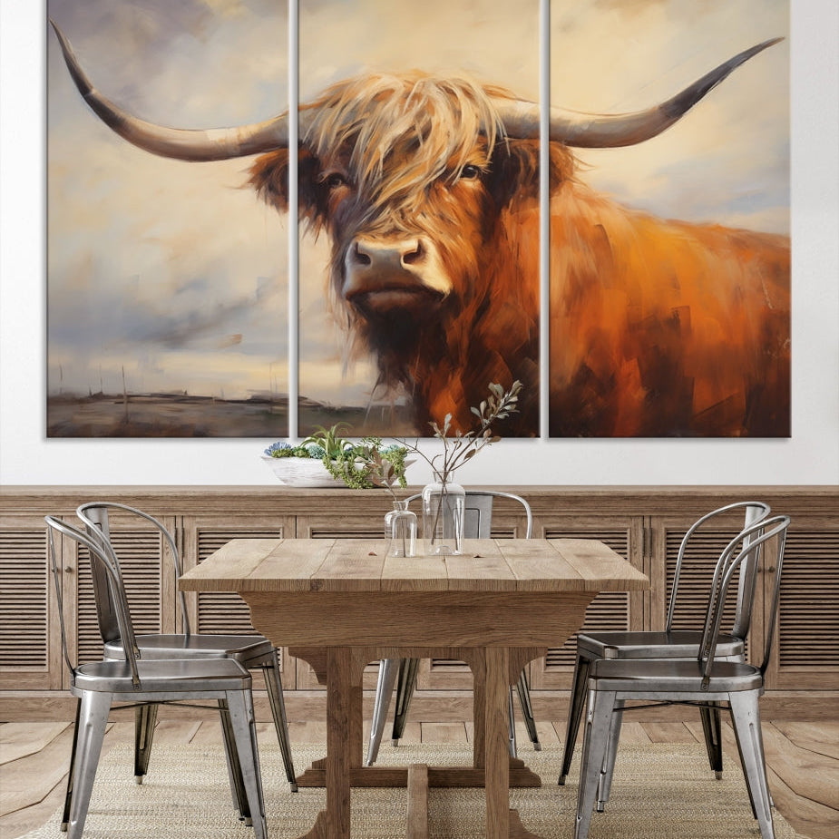 Edit-Images-Longhorn Highland Cow Canvas Wall Art Print – Rustic Farmhouse Decor in Bold Artistic Style – Ready