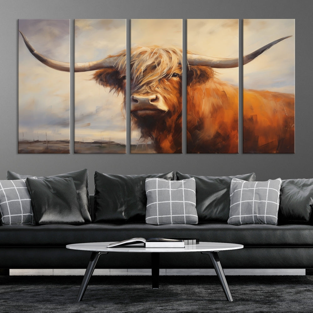 Edit-Images-Longhorn Highland Cow Canvas Wall Art Print – Rustic Farmhouse Decor in Bold Artistic Style – Ready