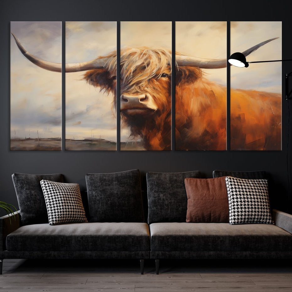 Edit-Images-Longhorn Highland Cow Canvas Wall Art Print – Rustic Farmhouse Decor in Bold Artistic Style – Ready