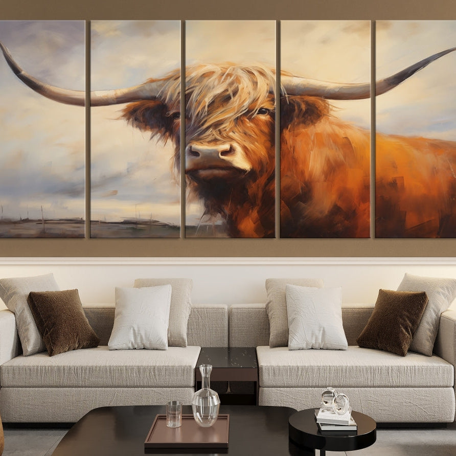Edit-Images-Longhorn Highland Cow Canvas Wall Art Print – Rustic Farmhouse Decor in Bold Artistic Style – Ready