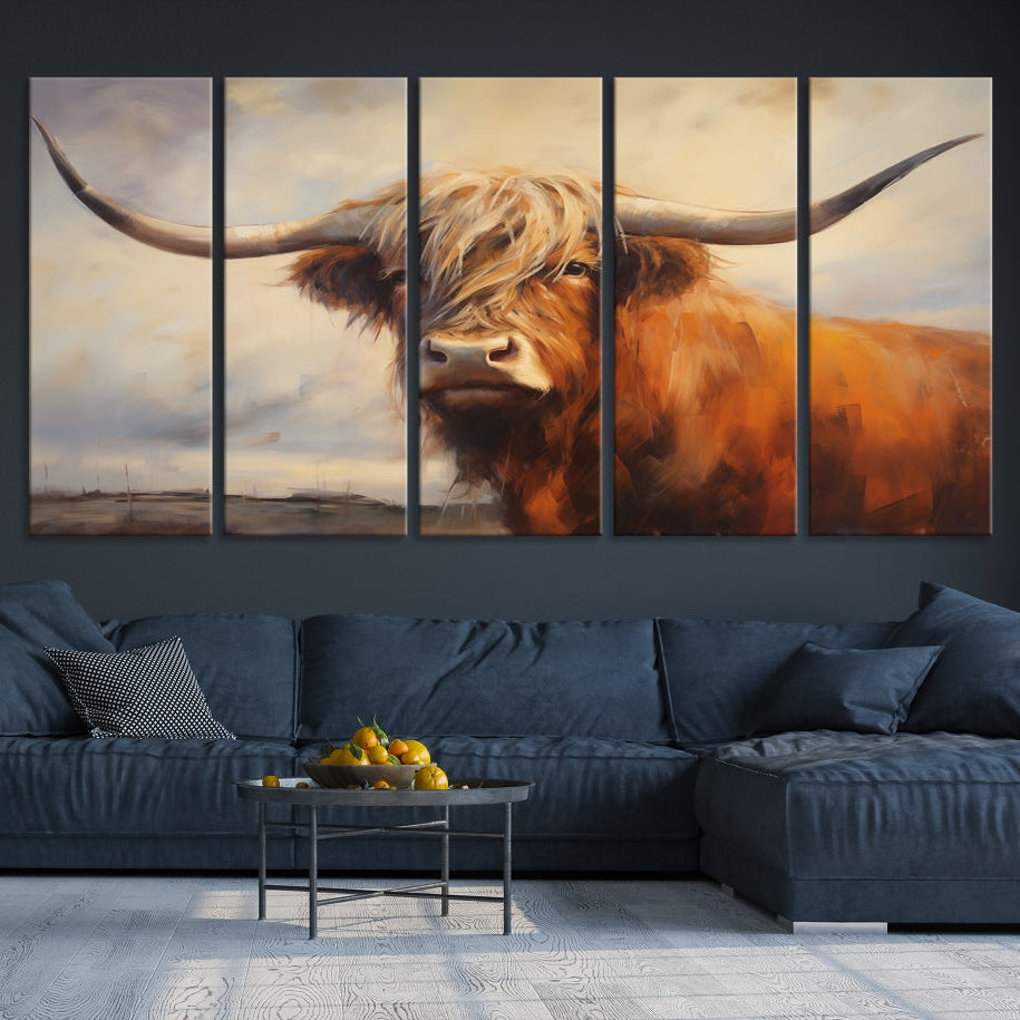 Edit-Images-Longhorn Highland Cow Canvas Wall Art Print – Rustic Farmhouse Decor in Bold Artistic Style – Ready