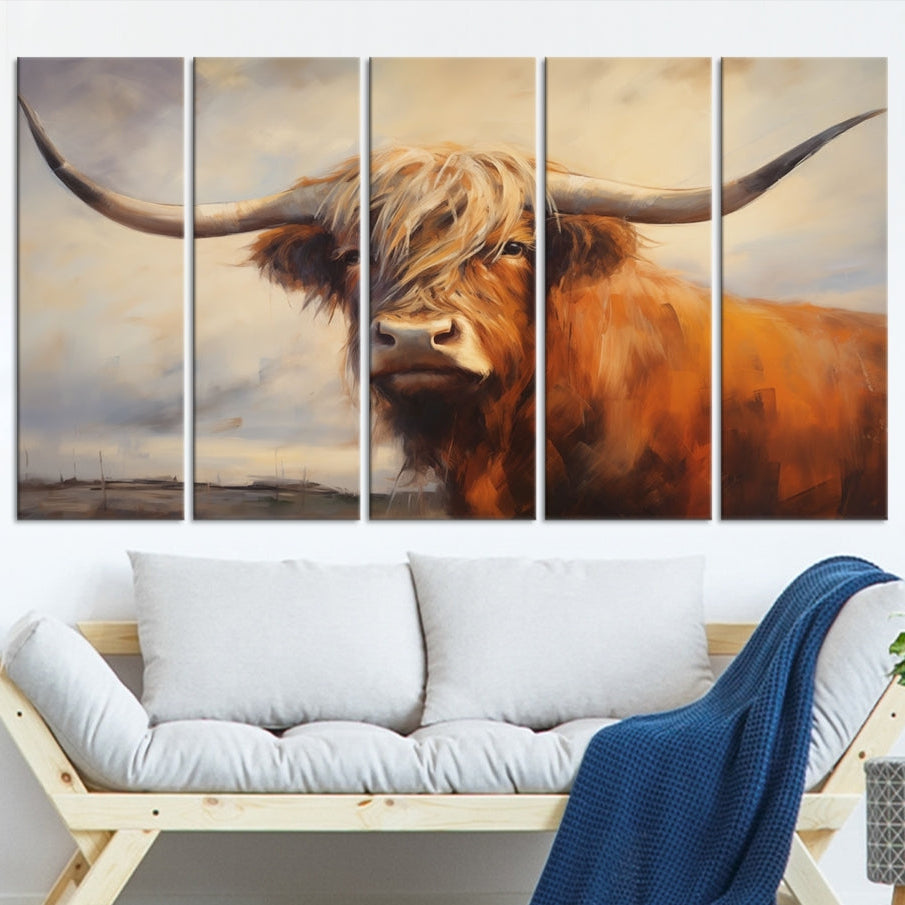 -Longhorn Highland Cow Canvas Wall Art Print – Rustic Farmhouse Decor in Bold Artistic Style – Ready