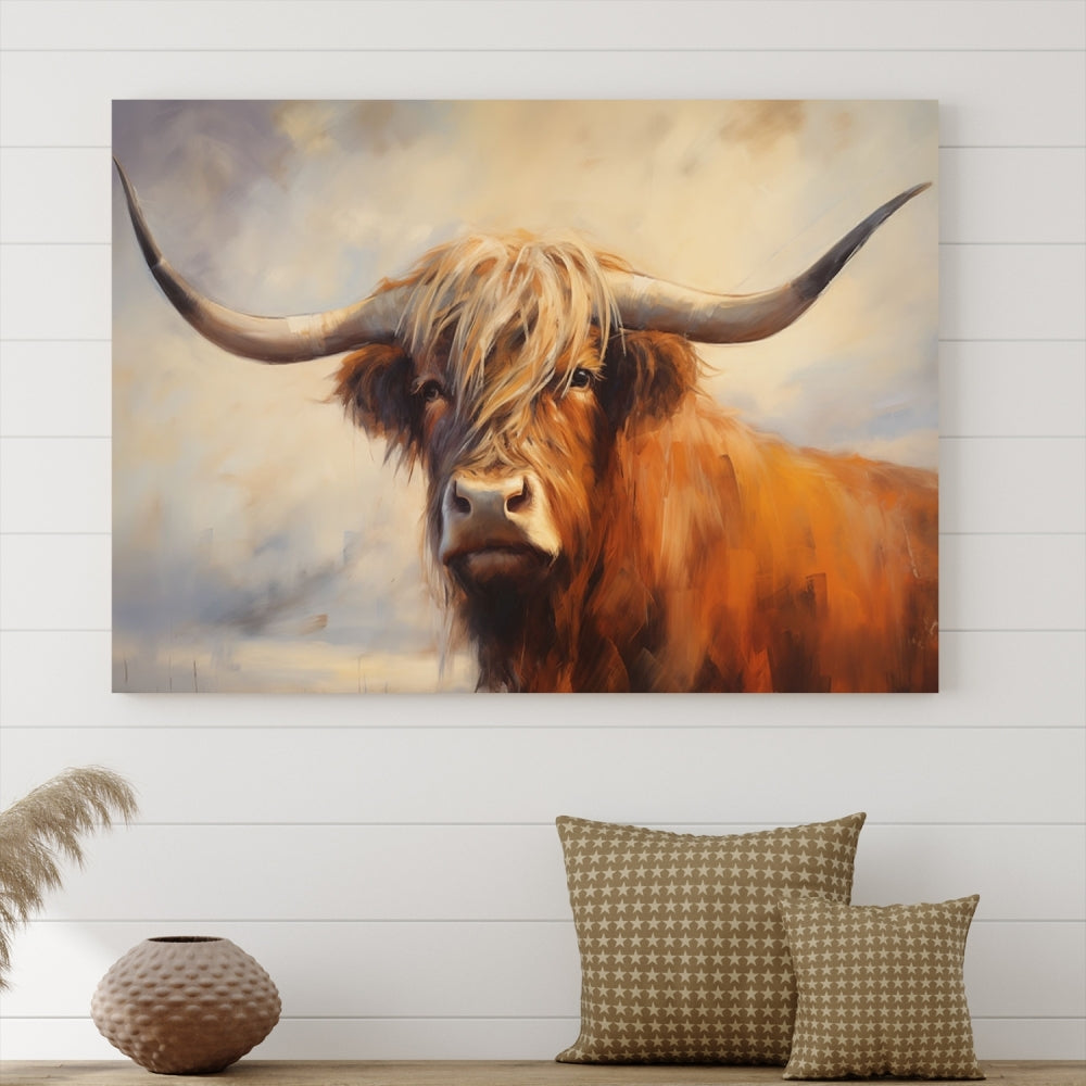 -Longhorn Highland Cow Canvas Wall Art Print – Rustic Farmhouse Decor in Bold Artistic Style – Ready