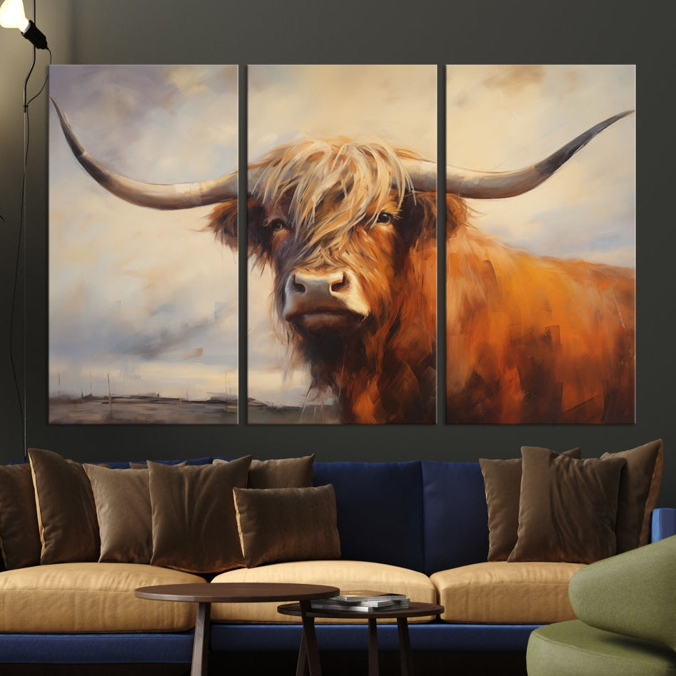 Edit-Images-Longhorn Highland Cow Canvas Wall Art Print – Rustic Farmhouse Decor in Bold Artistic Style – Ready