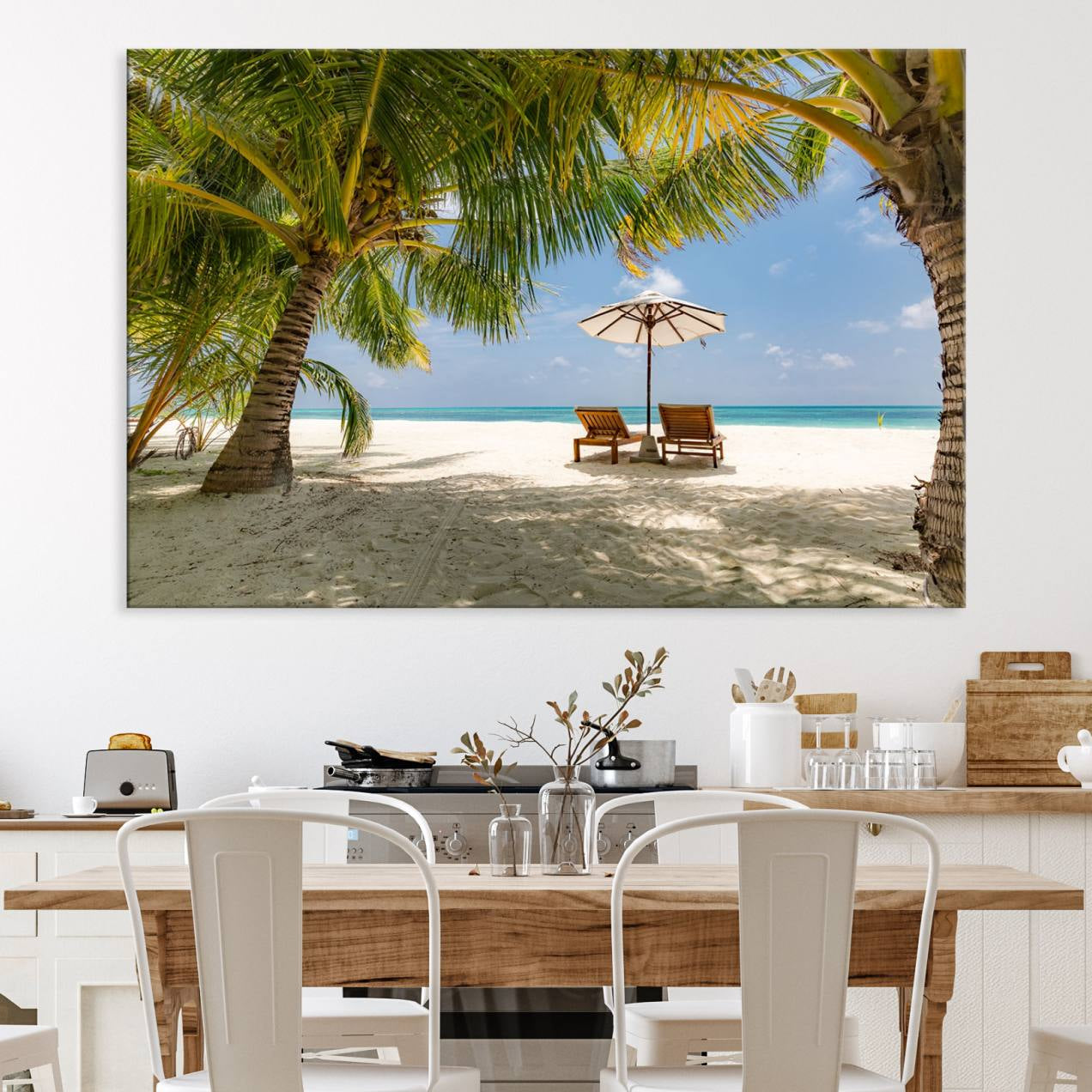 83601-MGV-CV-36X24-Lounge Chairs Palm Trees on Tropical Beach Canvas Wall Art Print