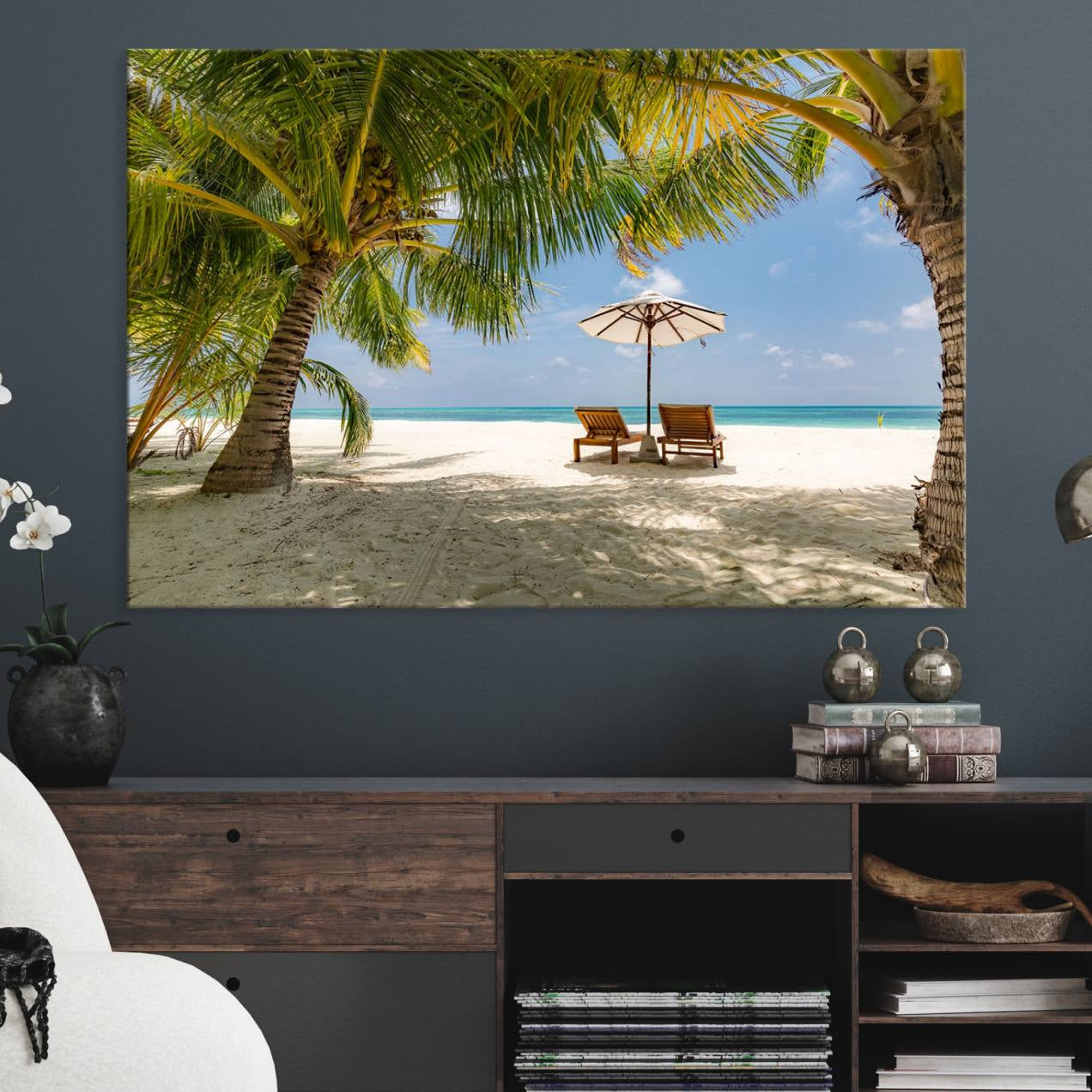 83601-MGV-CV-36X24-Lounge Chairs Palm Trees on Tropical Beach Canvas Wall Art Print