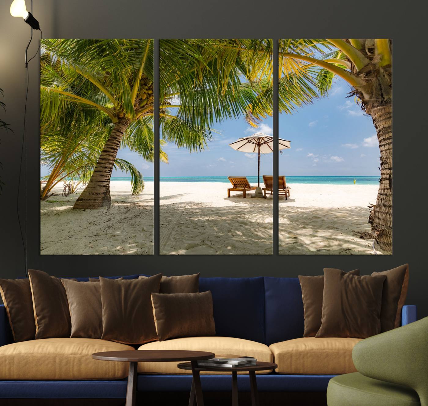 -Lounge Chairs Palm Trees on Tropical Beach Canvas Wall Art Print