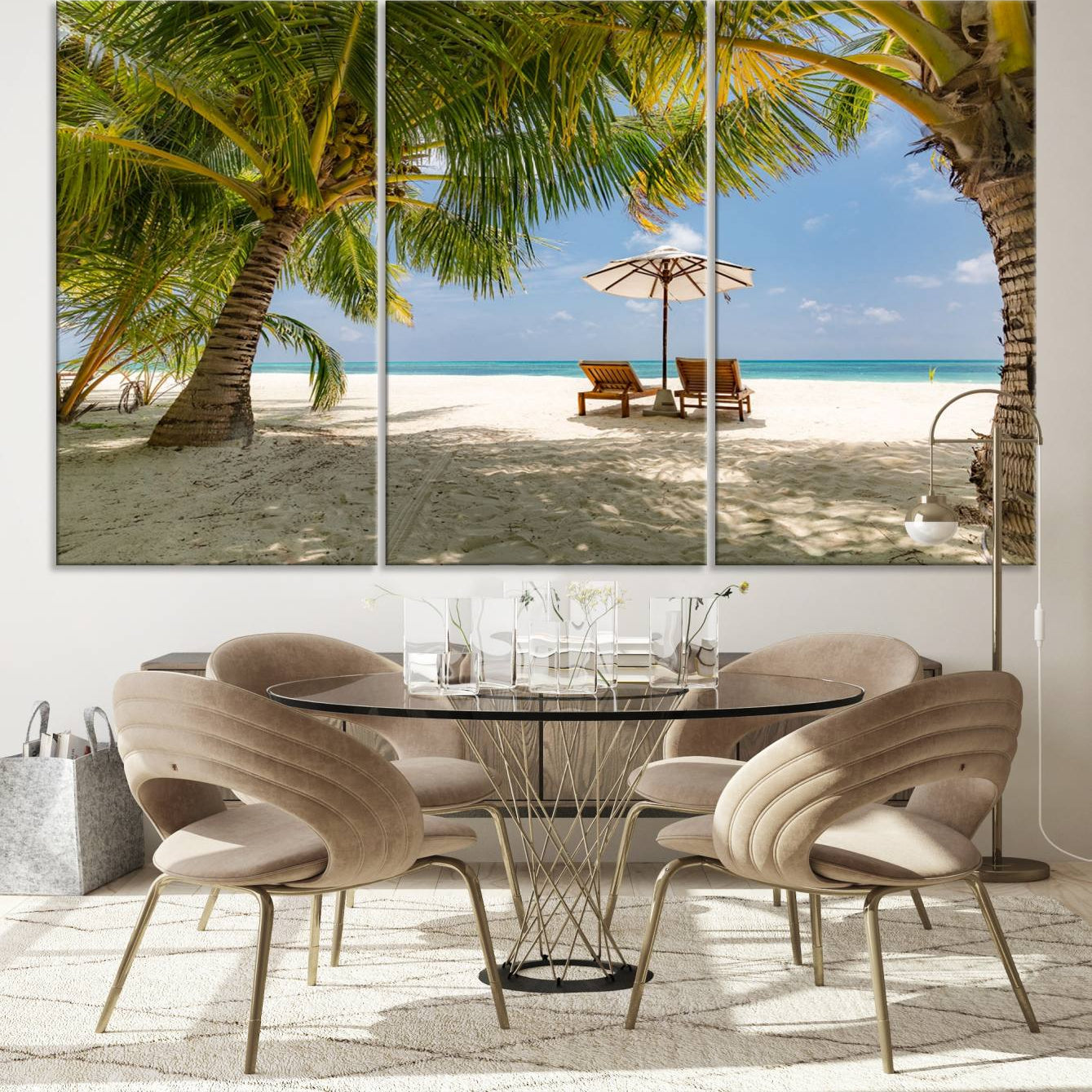 -Lounge Chairs Palm Trees on Tropical Beach Canvas Wall Art Print