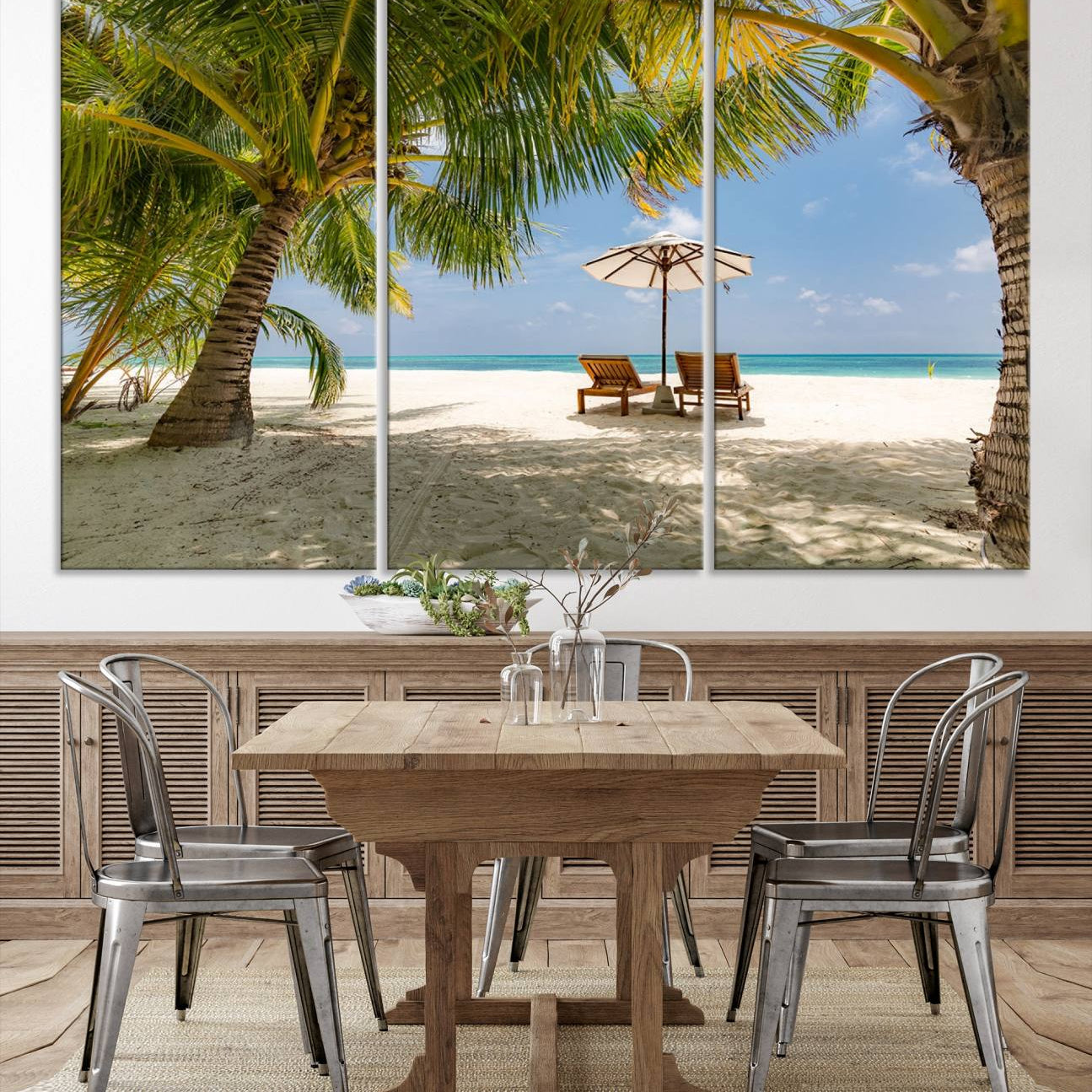 -Lounge Chairs Palm Trees on Tropical Beach Canvas Wall Art Print