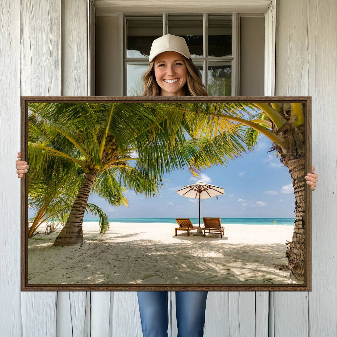 -Lounge Chairs Palm Trees on Tropical Beach Canvas Wall Art Print