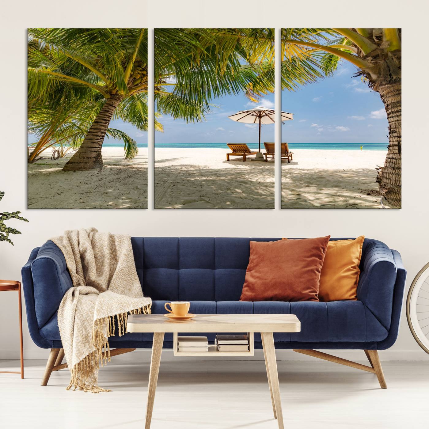 -Lounge Chairs Palm Trees on Tropical Beach Canvas Wall Art Print