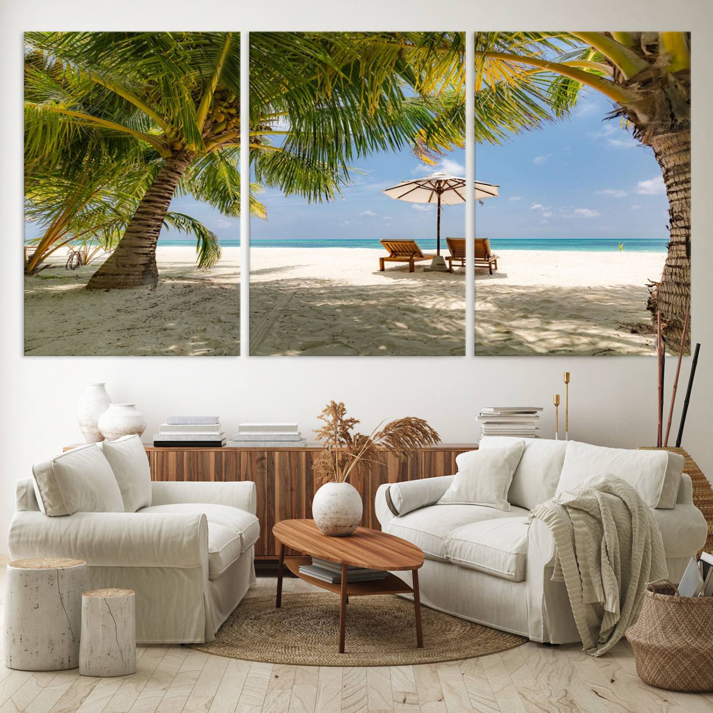 -Lounge Chairs Palm Trees on Tropical Beach Canvas Wall Art Print