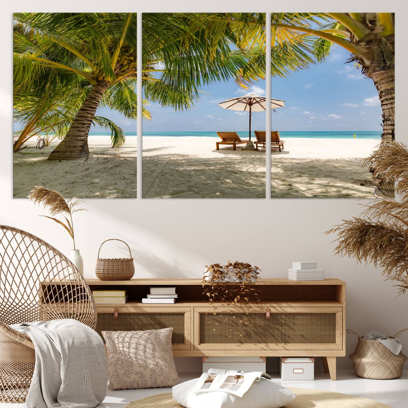 -Lounge Chairs Palm Trees on Tropical Beach Canvas Wall Art Print