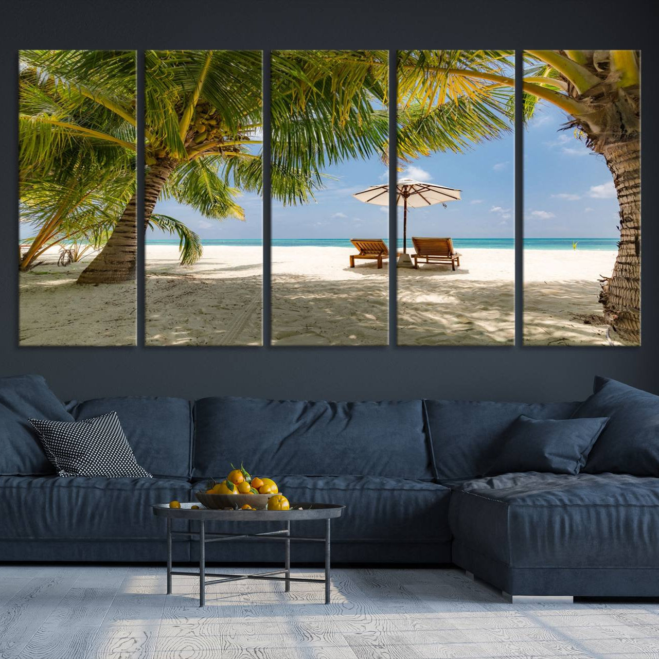 -Lounge Chairs Palm Trees on Tropical Beach Canvas Wall Art Print