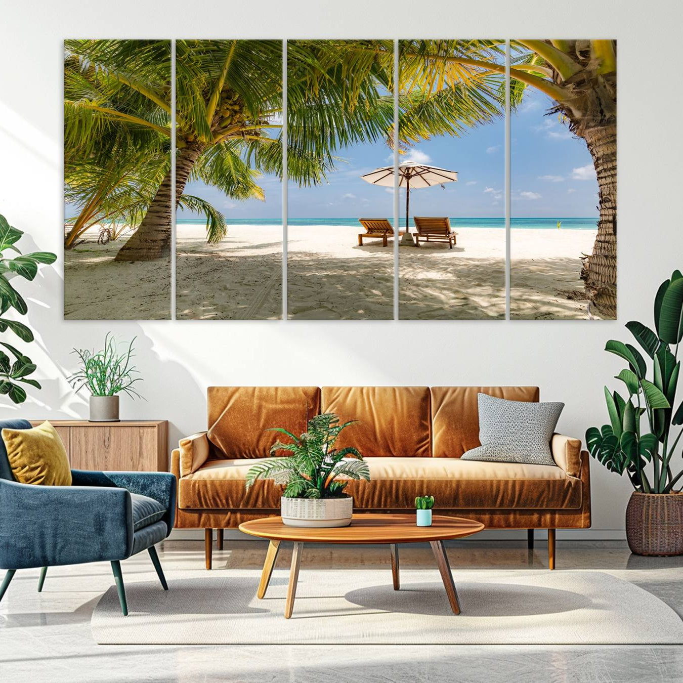 -Lounge Chairs Palm Trees on Tropical Beach Canvas Wall Art Print