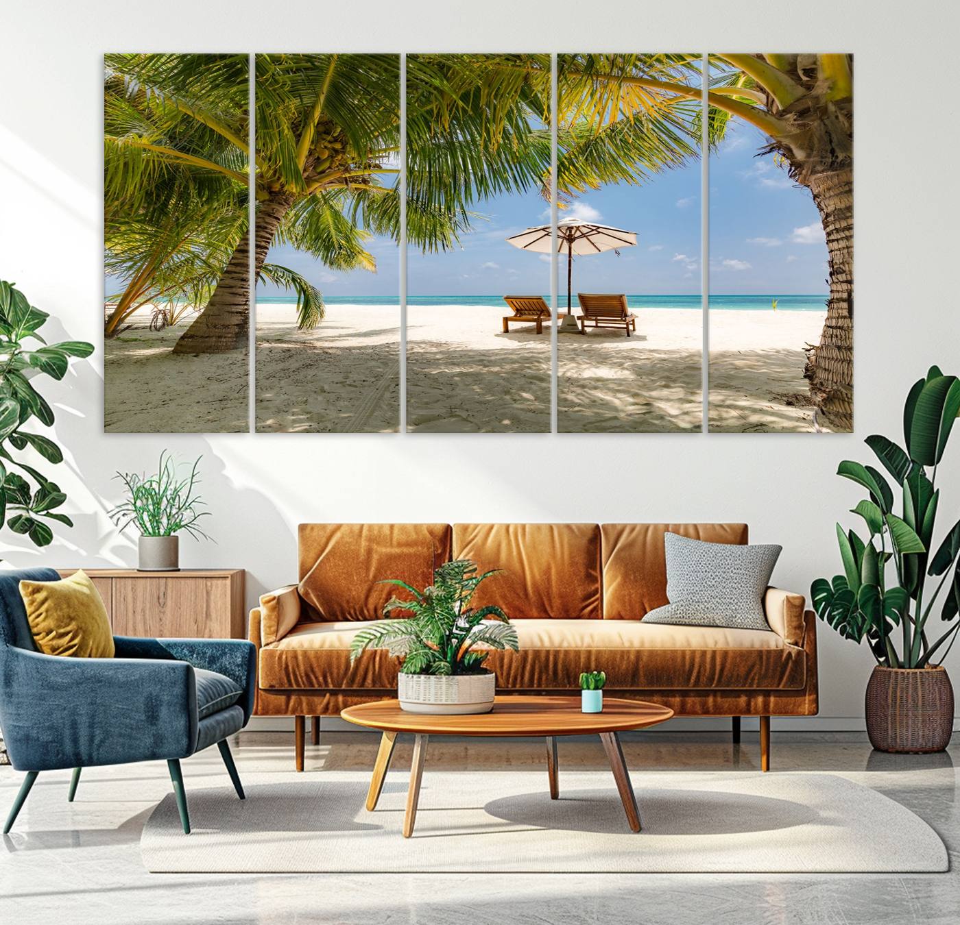 -Lounge Chairs Palm Trees on Tropical Beach Canvas Wall Art Print