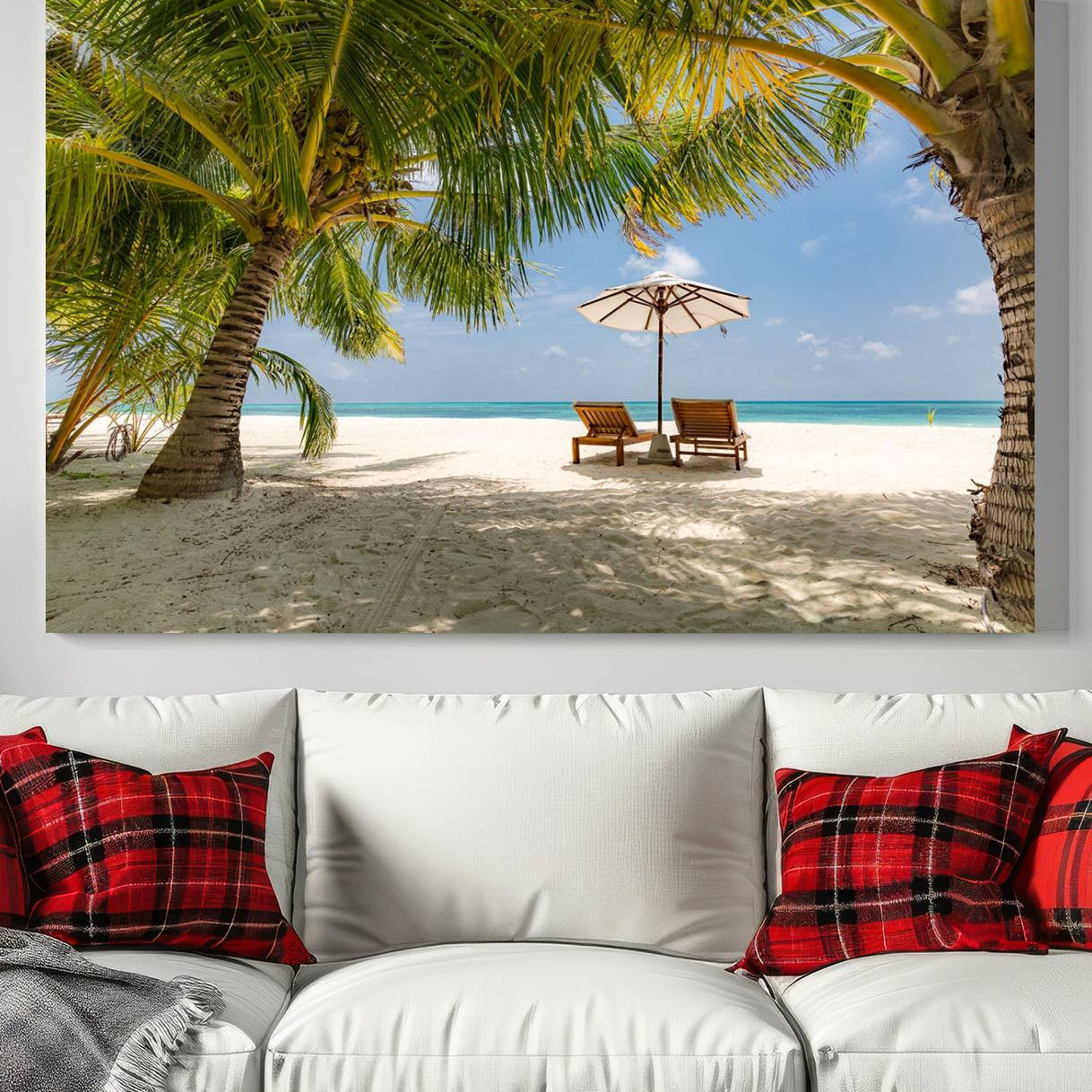 83601-MGV-CV-36X24-Lounge Chairs Palm Trees on Tropical Beach Canvas Wall Art Print