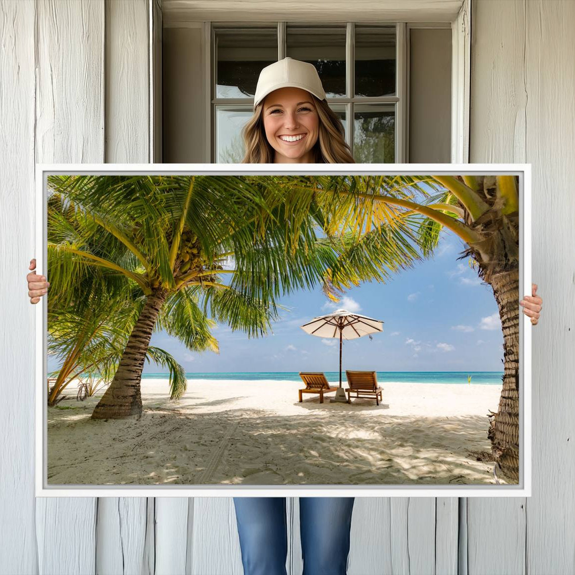 -Lounge Chairs Palm Trees on Tropical Beach Canvas Wall Art Print