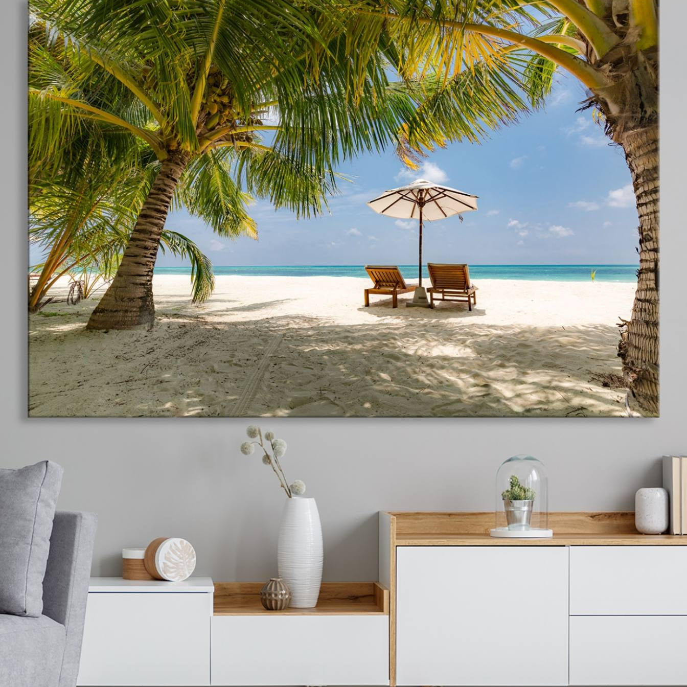-Lounge Chairs Palm Trees on Tropical Beach Canvas Wall Art Print